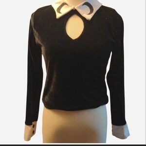 Black Velvet Long Sleeve Top with White Collar